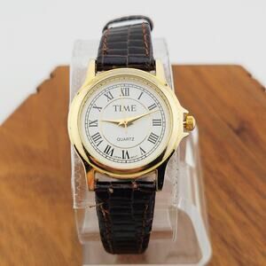Time Women's Gold Tone Round Roman Numeral Dial Watch Brown Leather Band Simple